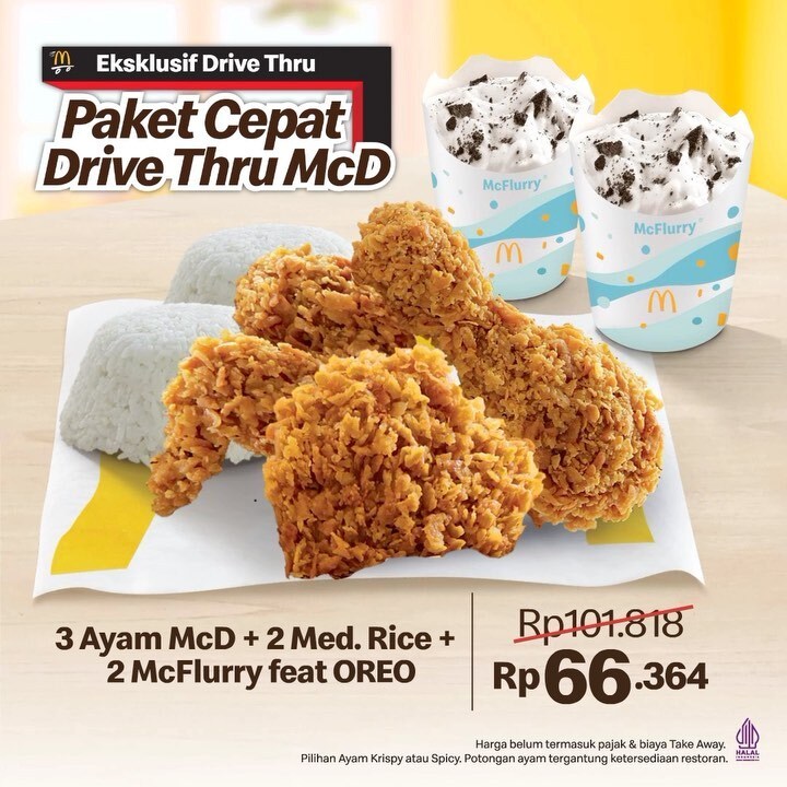Promo McDonald's Paket Cepat Drive Thru  3 Ayam McD, 2 nasi, dan 2 McFlurry feat OREO Rp66.364